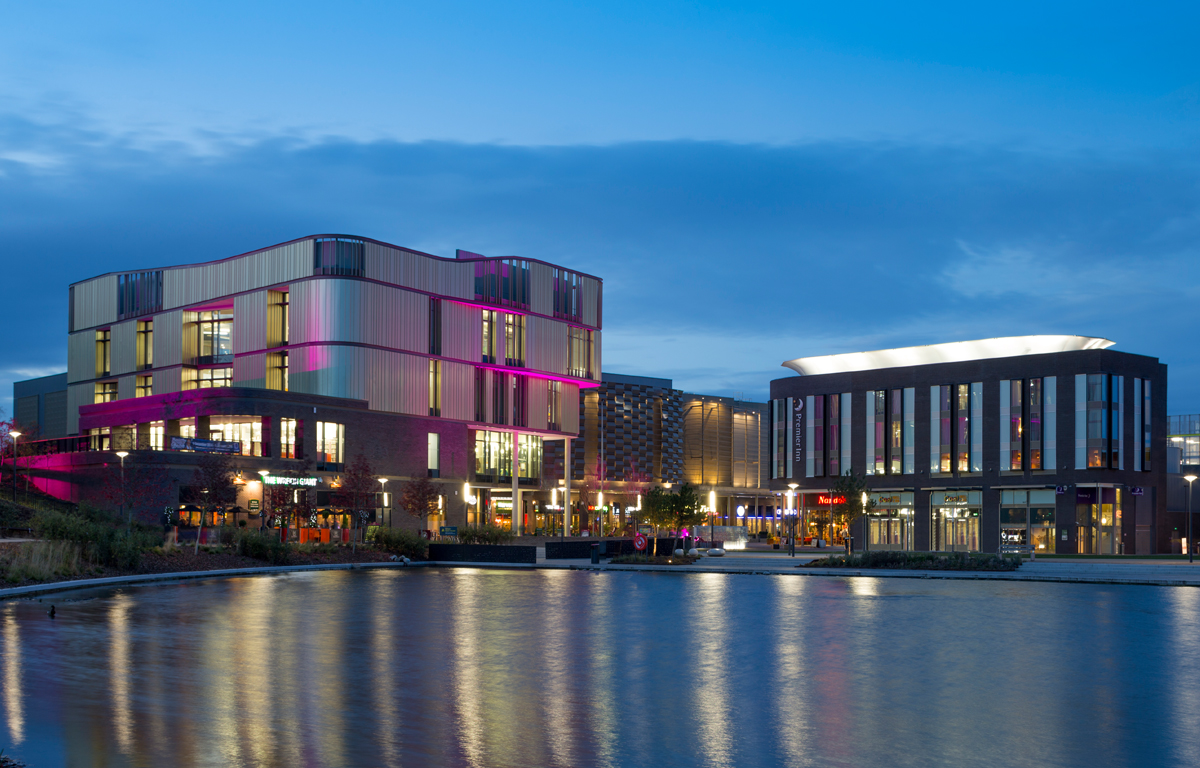 A picture of Southwater Square at night fall